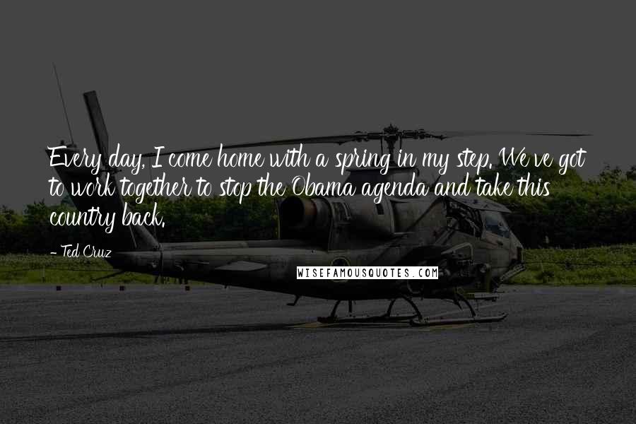 Ted Cruz Quotes: Every day, I come home with a spring in my step. We've got to work together to stop the Obama agenda and take this country back.