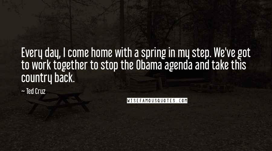 Ted Cruz Quotes: Every day, I come home with a spring in my step. We've got to work together to stop the Obama agenda and take this country back.