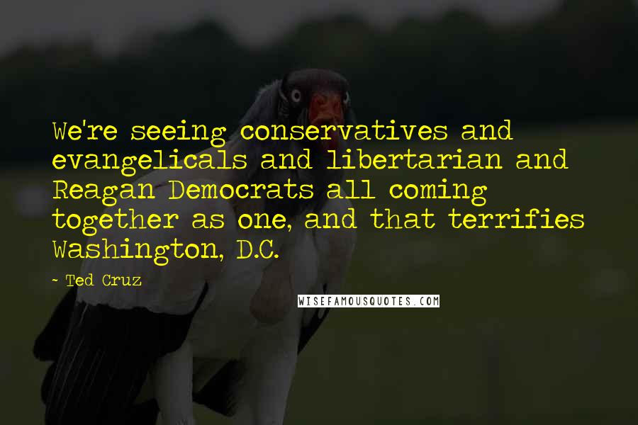 Ted Cruz Quotes: We're seeing conservatives and evangelicals and libertarian and Reagan Democrats all coming together as one, and that terrifies Washington, D.C.