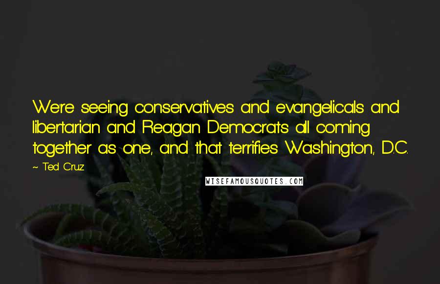 Ted Cruz Quotes: We're seeing conservatives and evangelicals and libertarian and Reagan Democrats all coming together as one, and that terrifies Washington, D.C.