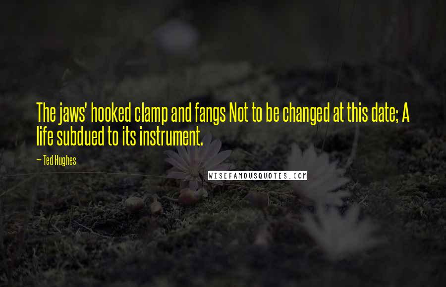 Ted Hughes Quotes: The jaws' hooked clamp and fangs Not to be changed at this date; A life subdued to its instrument.