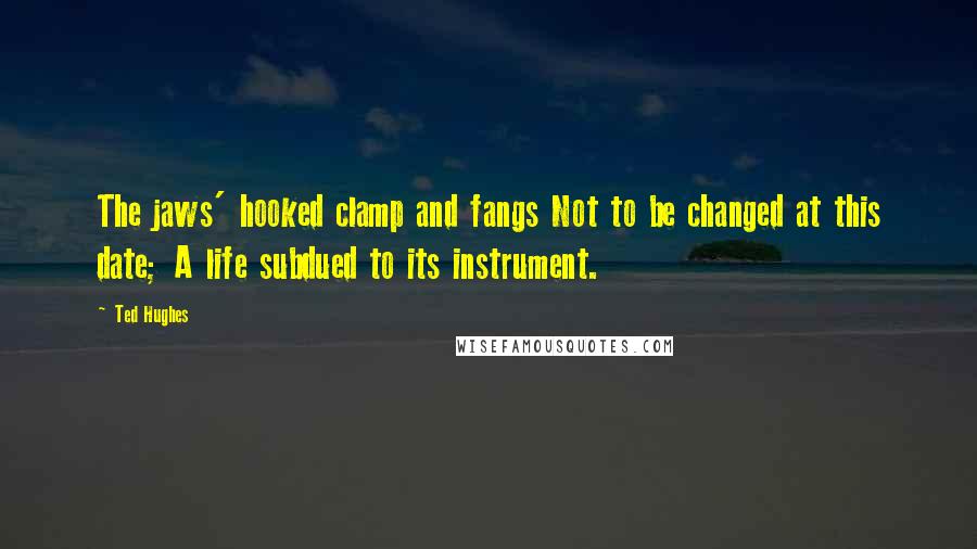 Ted Hughes Quotes: The jaws' hooked clamp and fangs Not to be changed at this date; A life subdued to its instrument.