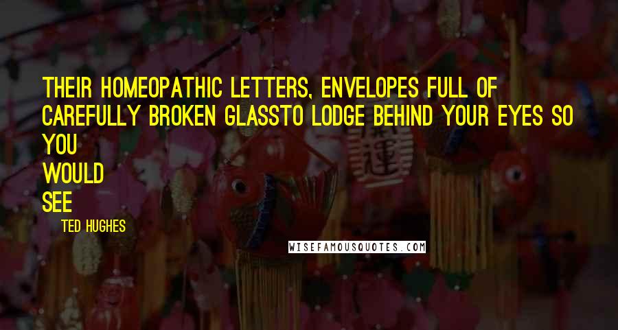 Ted Hughes Quotes: Their homeopathic letters, Envelopes full of carefully broken glassTo lodge behind your eyes so you would see