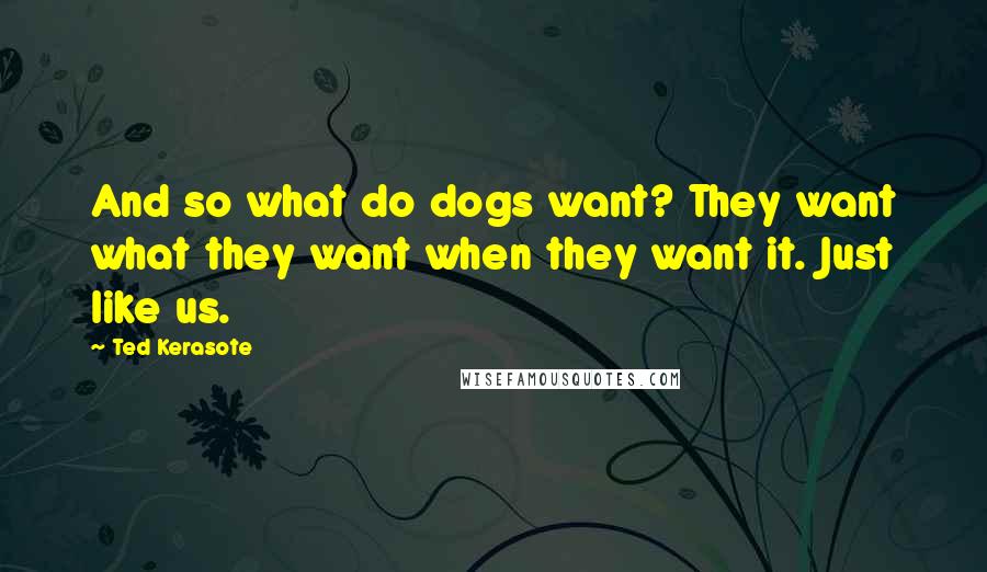 Ted Kerasote Quotes: And so what do dogs want? They want what they want when they want it. Just like us.