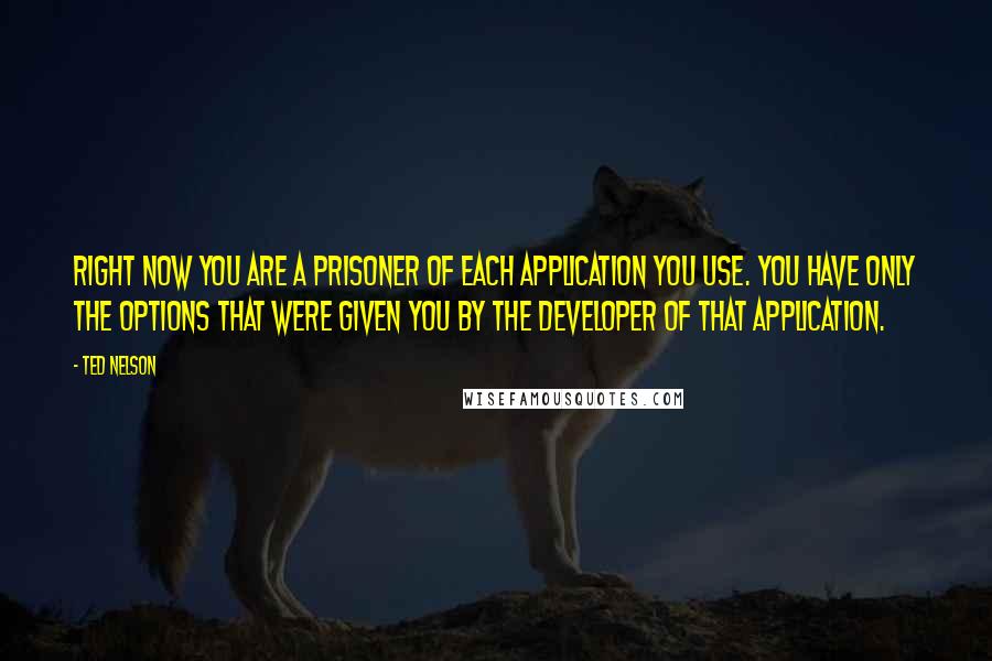 Ted Nelson Quotes: Right now you are a prisoner of each application you use. You have only the options that were given you by the developer of that application.