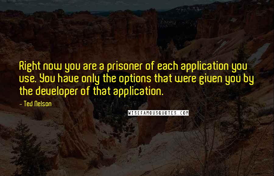 Ted Nelson Quotes: Right now you are a prisoner of each application you use. You have only the options that were given you by the developer of that application.