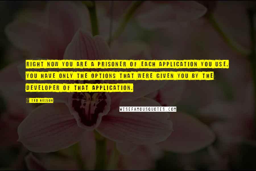 Ted Nelson Quotes: Right now you are a prisoner of each application you use. You have only the options that were given you by the developer of that application.