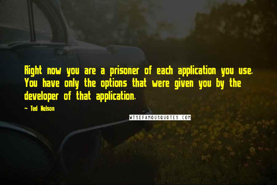 Ted Nelson Quotes: Right now you are a prisoner of each application you use. You have only the options that were given you by the developer of that application.