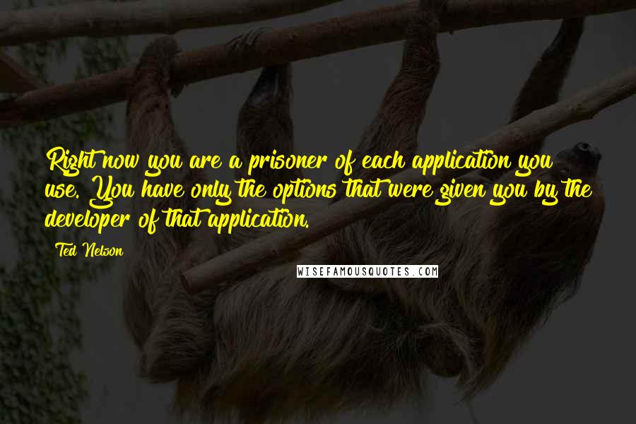 Ted Nelson Quotes: Right now you are a prisoner of each application you use. You have only the options that were given you by the developer of that application.