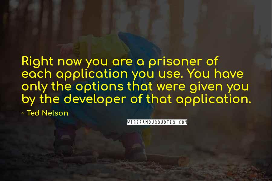 Ted Nelson Quotes: Right now you are a prisoner of each application you use. You have only the options that were given you by the developer of that application.