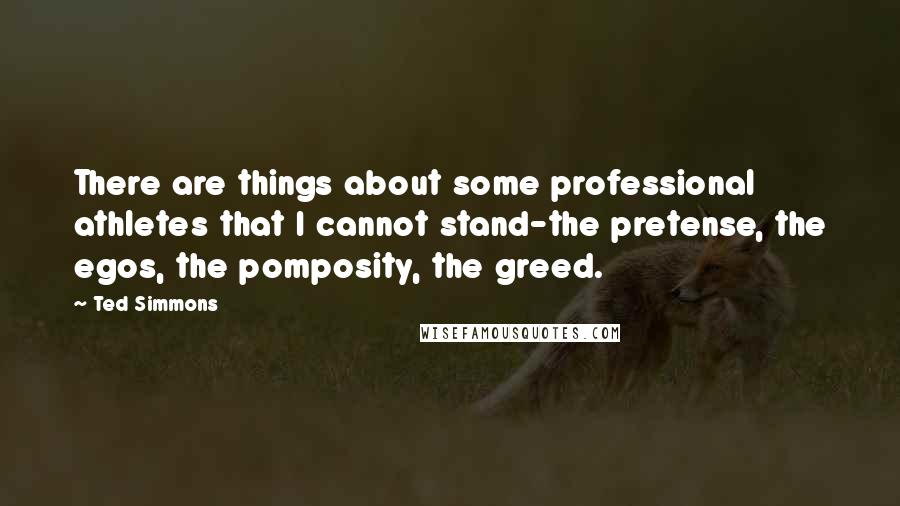 Ted Simmons Quotes: There are things about some professional athletes that I cannot stand-the pretense, the egos, the pomposity, the greed.