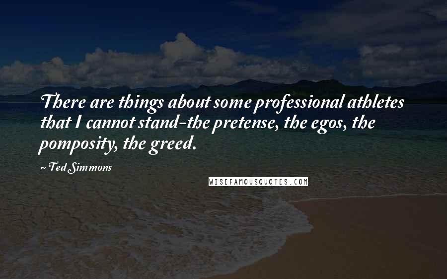 Ted Simmons Quotes: There are things about some professional athletes that I cannot stand-the pretense, the egos, the pomposity, the greed.