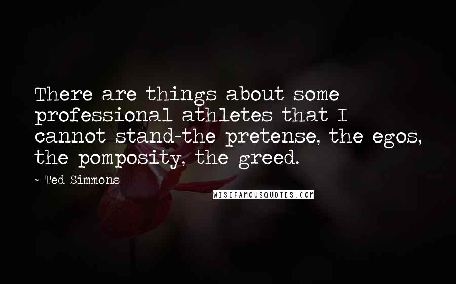 Ted Simmons Quotes: There are things about some professional athletes that I cannot stand-the pretense, the egos, the pomposity, the greed.