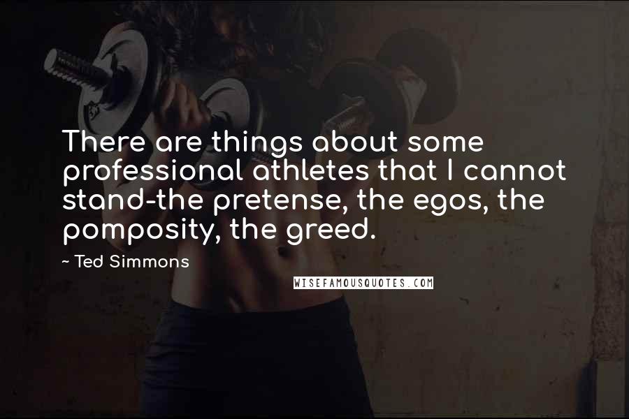 Ted Simmons Quotes: There are things about some professional athletes that I cannot stand-the pretense, the egos, the pomposity, the greed.