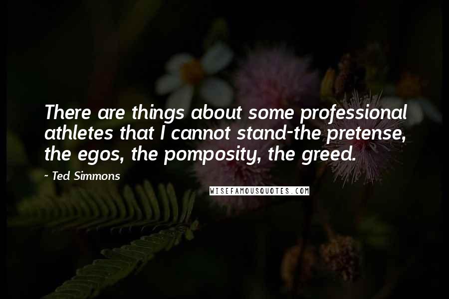 Ted Simmons Quotes: There are things about some professional athletes that I cannot stand-the pretense, the egos, the pomposity, the greed.