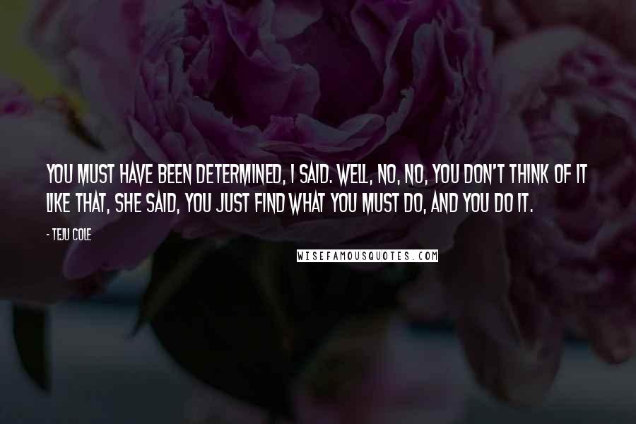 Teju Cole Quotes: You must have been determined, I said. Well, no, no, you don't think of it like that, she said, you just find what you must do, and you do it.