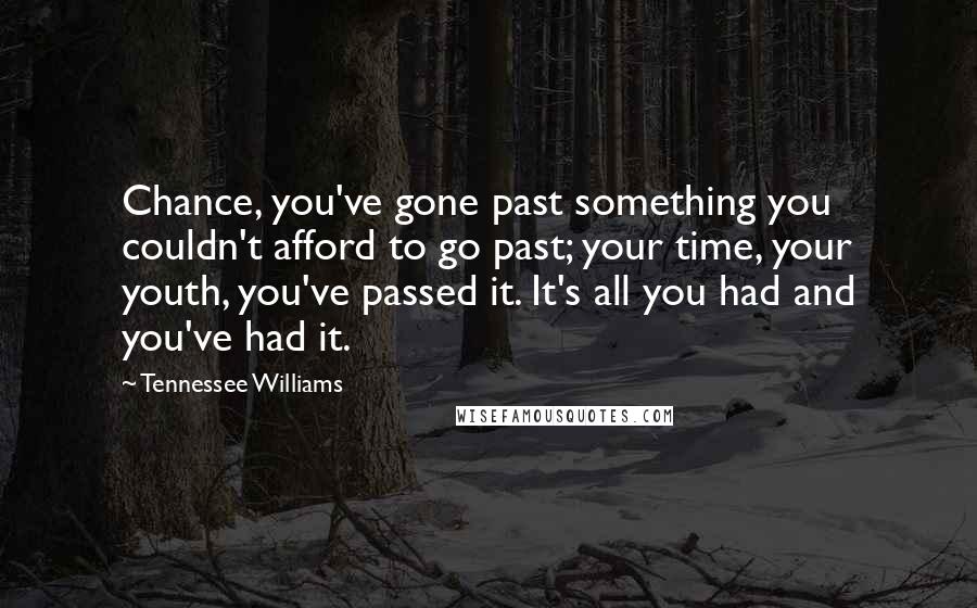 Tennessee Williams Quotes: Chance, you've gone past something you couldn't afford to go past; your time, your youth, you've passed it. It's all you had and you've had it.