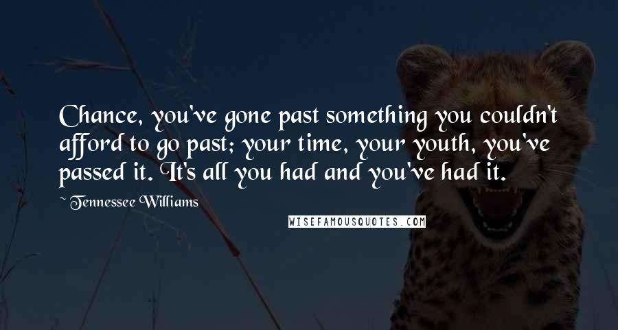Tennessee Williams Quotes: Chance, you've gone past something you couldn't afford to go past; your time, your youth, you've passed it. It's all you had and you've had it.