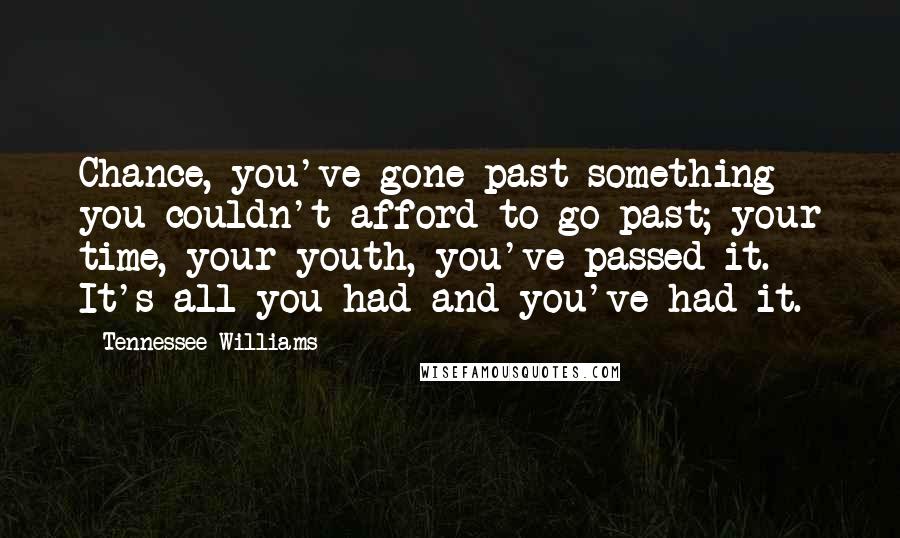 Tennessee Williams Quotes: Chance, you've gone past something you couldn't afford to go past; your time, your youth, you've passed it. It's all you had and you've had it.