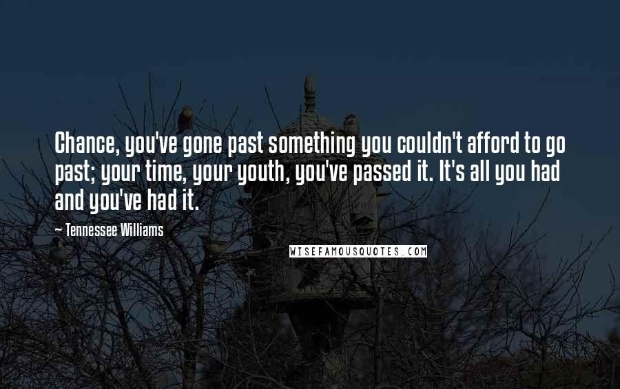 Tennessee Williams Quotes: Chance, you've gone past something you couldn't afford to go past; your time, your youth, you've passed it. It's all you had and you've had it.