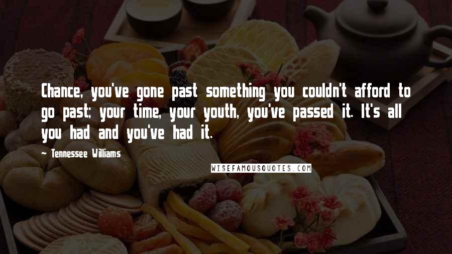 Tennessee Williams Quotes: Chance, you've gone past something you couldn't afford to go past; your time, your youth, you've passed it. It's all you had and you've had it.