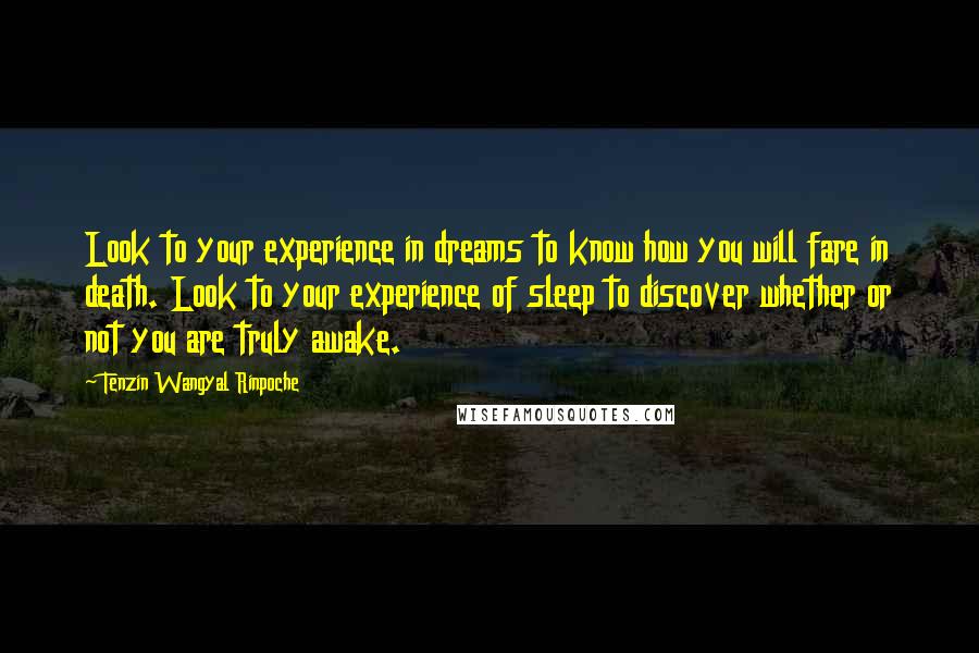 Tenzin Wangyal Rinpoche Quotes: Look to your experience in dreams to know how you will fare in death. Look to your experience of sleep to discover whether or not you are truly awake.