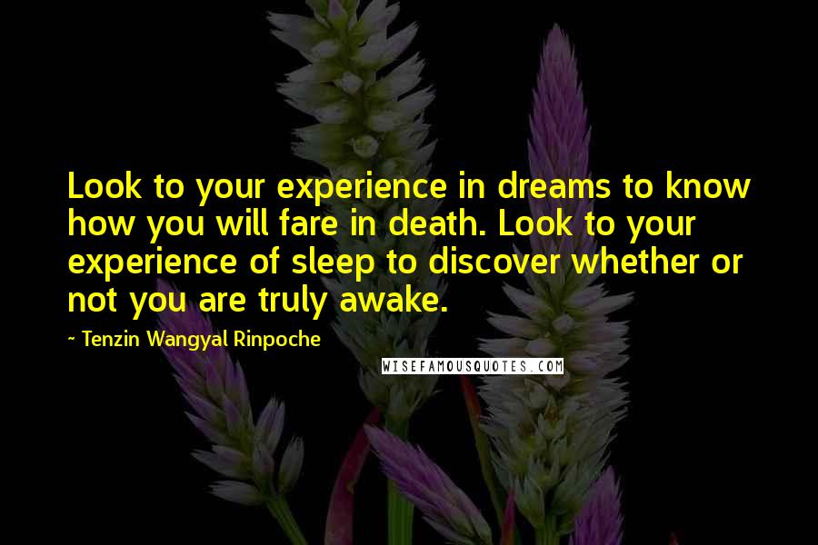 Tenzin Wangyal Rinpoche Quotes: Look to your experience in dreams to know how you will fare in death. Look to your experience of sleep to discover whether or not you are truly awake.