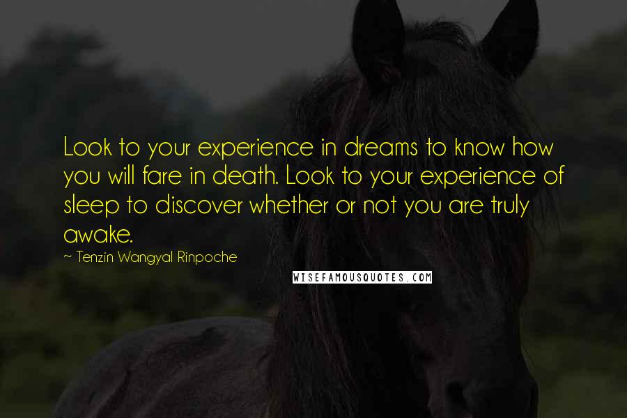 Tenzin Wangyal Rinpoche Quotes: Look to your experience in dreams to know how you will fare in death. Look to your experience of sleep to discover whether or not you are truly awake.