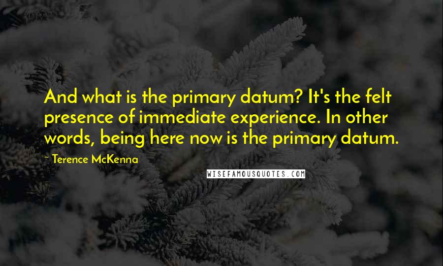 Terence McKenna Quotes: And what is the primary datum? It's the felt presence of immediate experience. In other words, being here now is the primary datum.