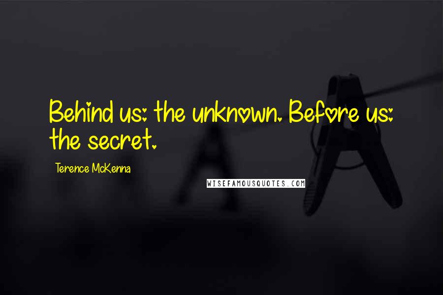 Terence McKenna Quotes: Behind us: the unknown. Before us: the secret.