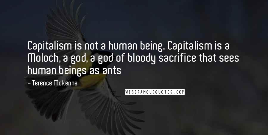 Terence McKenna Quotes: Capitalism is not a human being. Capitalism is a Moloch, a god, a god of bloody sacrifice that sees human beings as ants