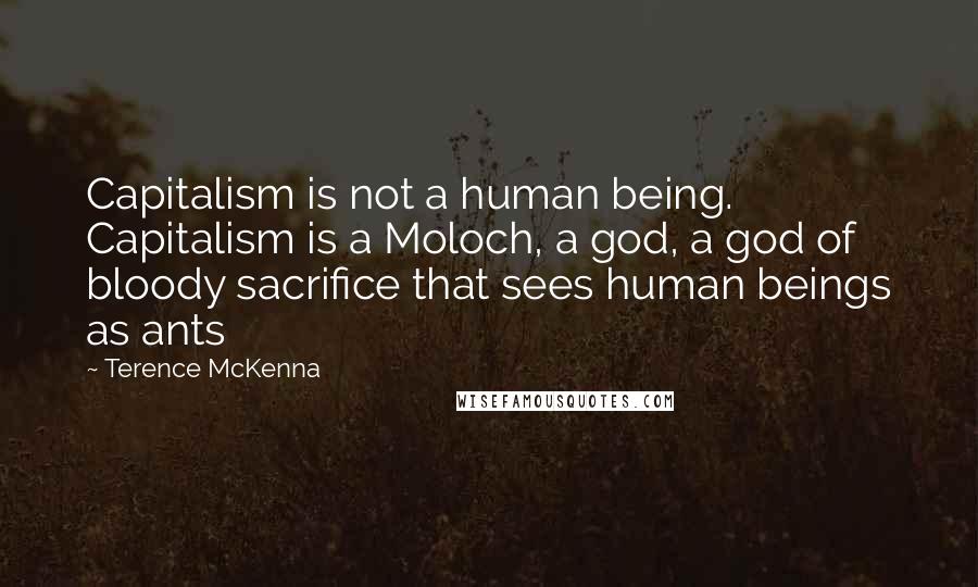 Terence McKenna Quotes: Capitalism is not a human being. Capitalism is a Moloch, a god, a god of bloody sacrifice that sees human beings as ants