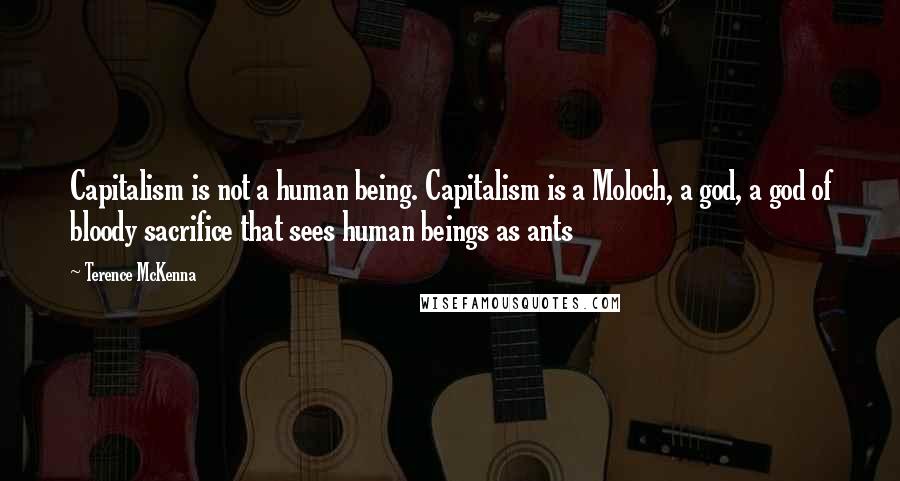 Terence McKenna Quotes: Capitalism is not a human being. Capitalism is a Moloch, a god, a god of bloody sacrifice that sees human beings as ants