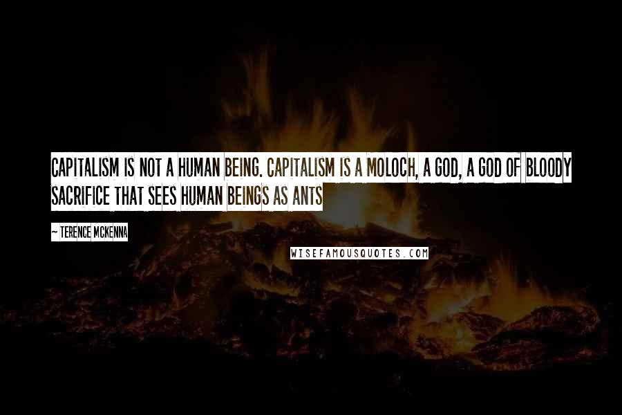 Terence McKenna Quotes: Capitalism is not a human being. Capitalism is a Moloch, a god, a god of bloody sacrifice that sees human beings as ants