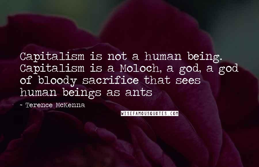 Terence McKenna Quotes: Capitalism is not a human being. Capitalism is a Moloch, a god, a god of bloody sacrifice that sees human beings as ants