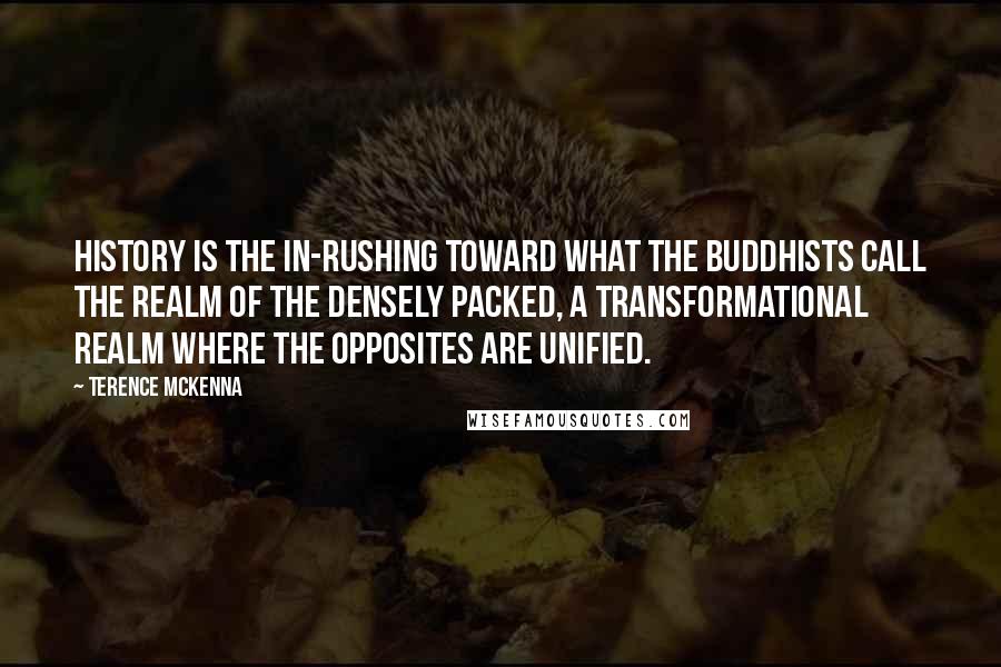 Terence McKenna Quotes: History is the in-rushing toward what the Buddhists call the realm of the densely packed, a transformational realm where the opposites are unified.