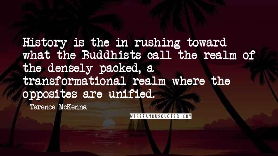 Terence McKenna Quotes: History is the in-rushing toward what the Buddhists call the realm of the densely packed, a transformational realm where the opposites are unified.