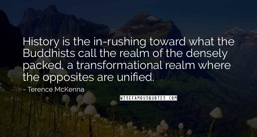 Terence McKenna Quotes: History is the in-rushing toward what the Buddhists call the realm of the densely packed, a transformational realm where the opposites are unified.