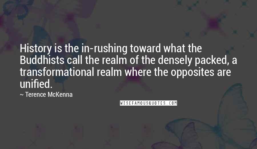 Terence McKenna Quotes: History is the in-rushing toward what the Buddhists call the realm of the densely packed, a transformational realm where the opposites are unified.