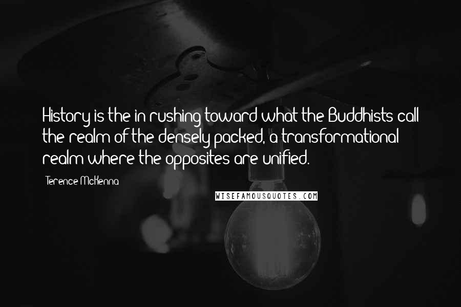 Terence McKenna Quotes: History is the in-rushing toward what the Buddhists call the realm of the densely packed, a transformational realm where the opposites are unified.