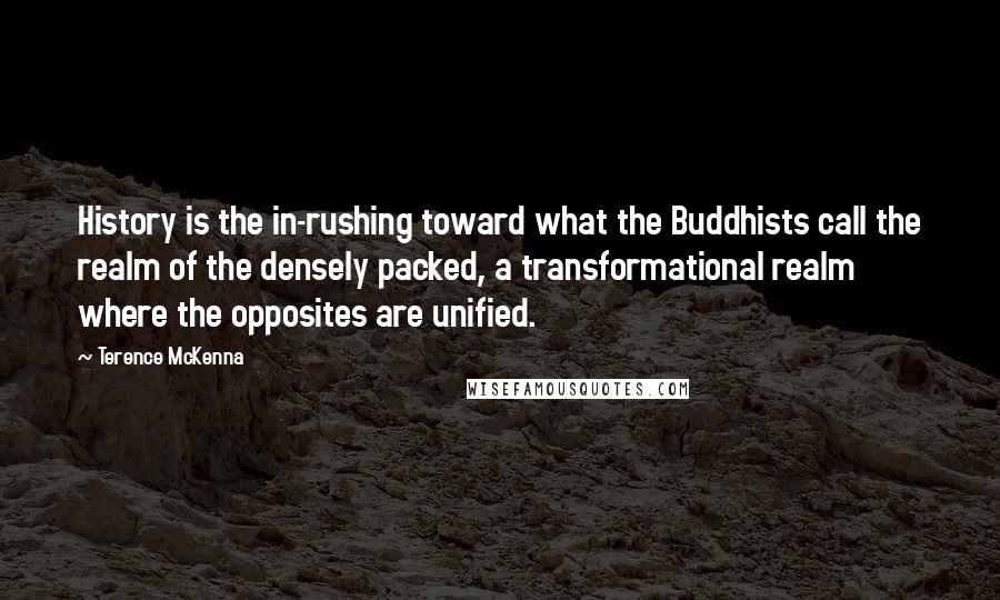 Terence McKenna Quotes: History is the in-rushing toward what the Buddhists call the realm of the densely packed, a transformational realm where the opposites are unified.