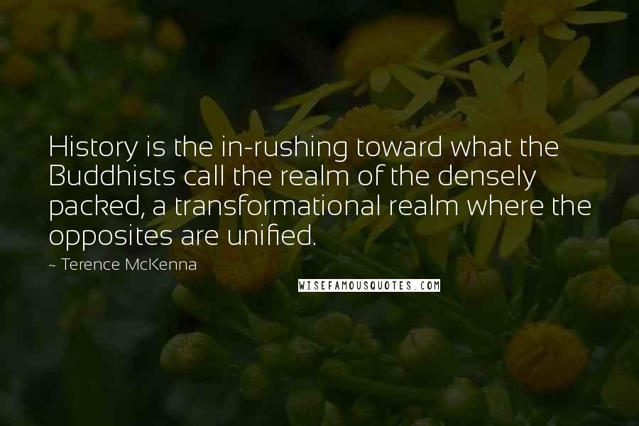 Terence McKenna Quotes: History is the in-rushing toward what the Buddhists call the realm of the densely packed, a transformational realm where the opposites are unified.