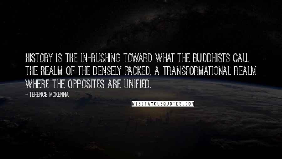 Terence McKenna Quotes: History is the in-rushing toward what the Buddhists call the realm of the densely packed, a transformational realm where the opposites are unified.