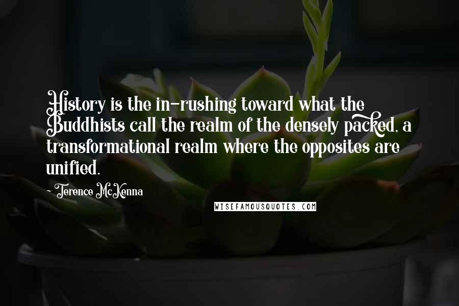 Terence McKenna Quotes: History is the in-rushing toward what the Buddhists call the realm of the densely packed, a transformational realm where the opposites are unified.