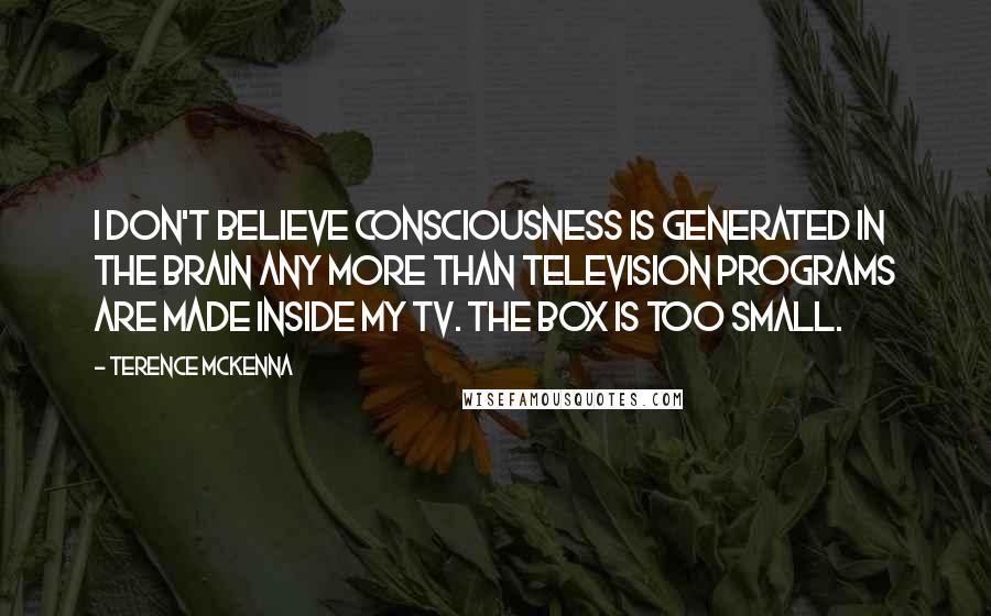 Terence McKenna Quotes: I don't believe consciousness is generated in the brain any more than television programs are made inside my TV. The box is too small.