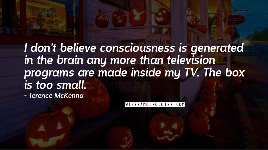 Terence McKenna Quotes: I don't believe consciousness is generated in the brain any more than television programs are made inside my TV. The box is too small.