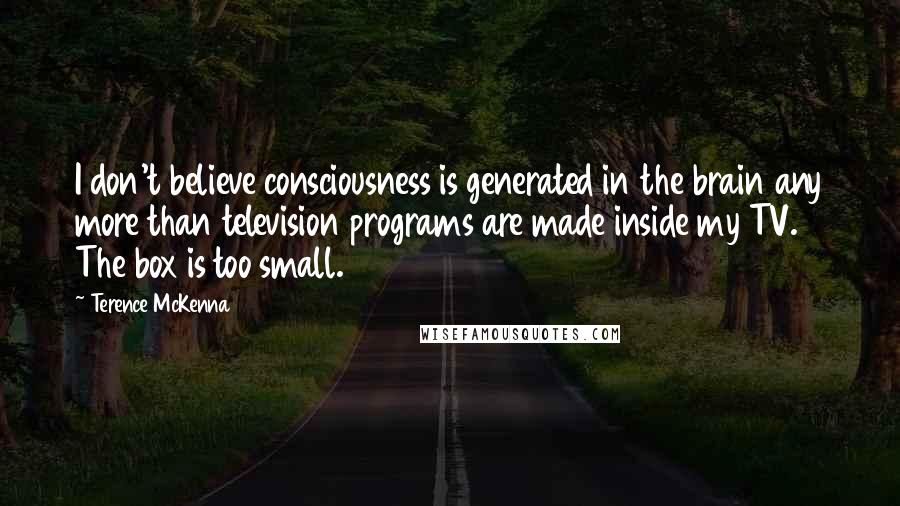 Terence McKenna Quotes: I don't believe consciousness is generated in the brain any more than television programs are made inside my TV. The box is too small.