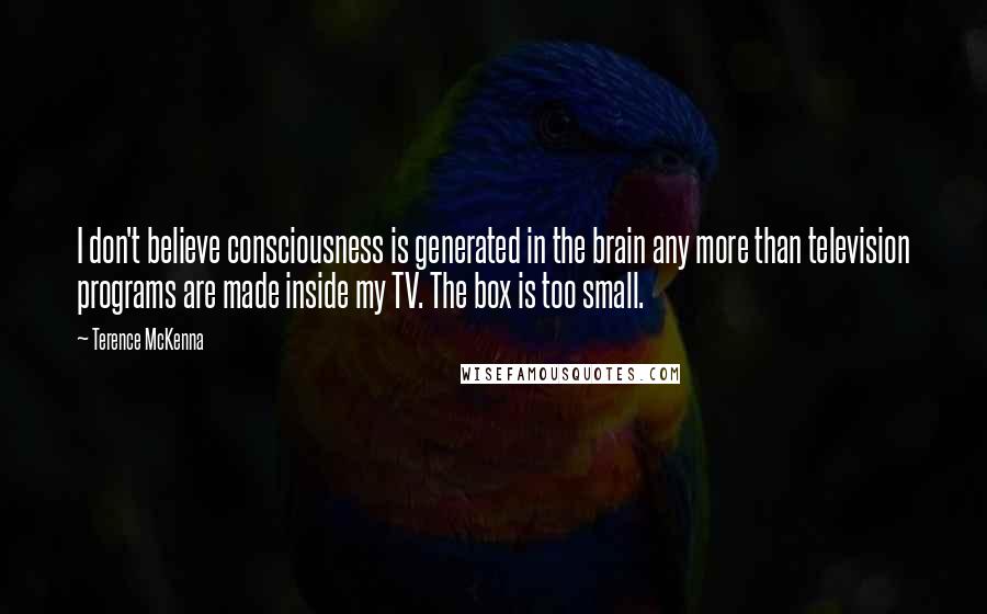 Terence McKenna Quotes: I don't believe consciousness is generated in the brain any more than television programs are made inside my TV. The box is too small.