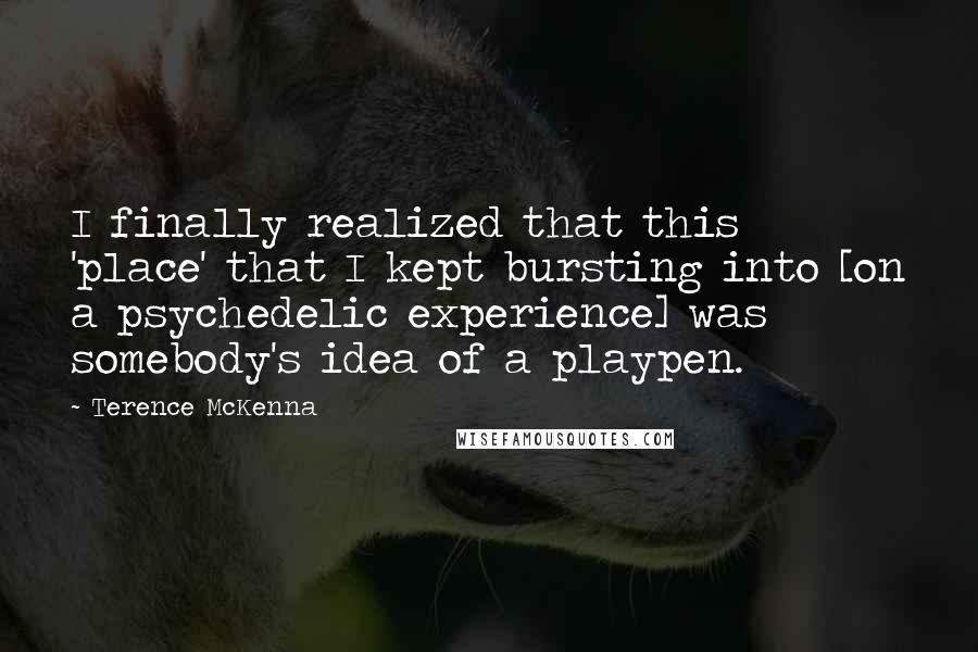 Terence McKenna Quotes: I finally realized that this 'place' that I kept bursting into [on a psychedelic experience] was somebody's idea of a playpen.