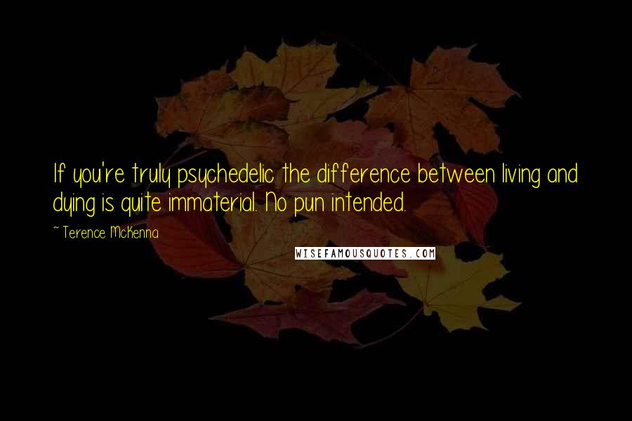 Terence McKenna Quotes: If you're truly psychedelic the difference between living and dying is quite immaterial. No pun intended.